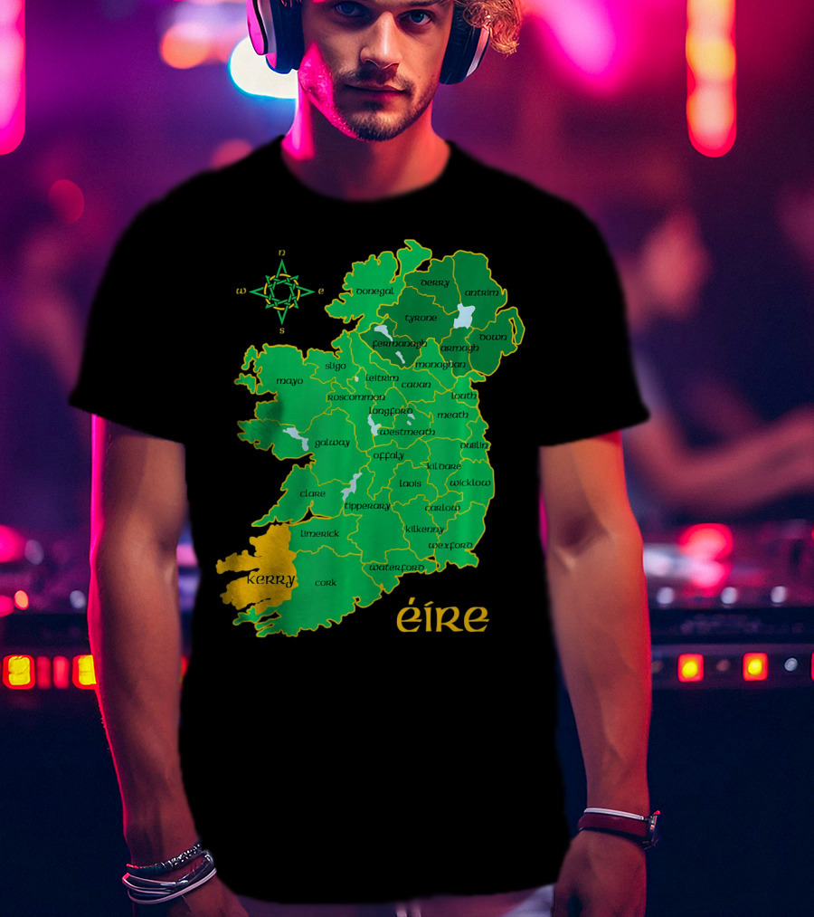 Kerry Ireland Éire Irish County Map Éire With Compass Rose T-Shirt