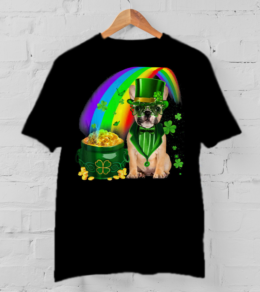 French Bulldog Irish Leprechaun With Pot Of Gold And Shamrocks T-Shirt