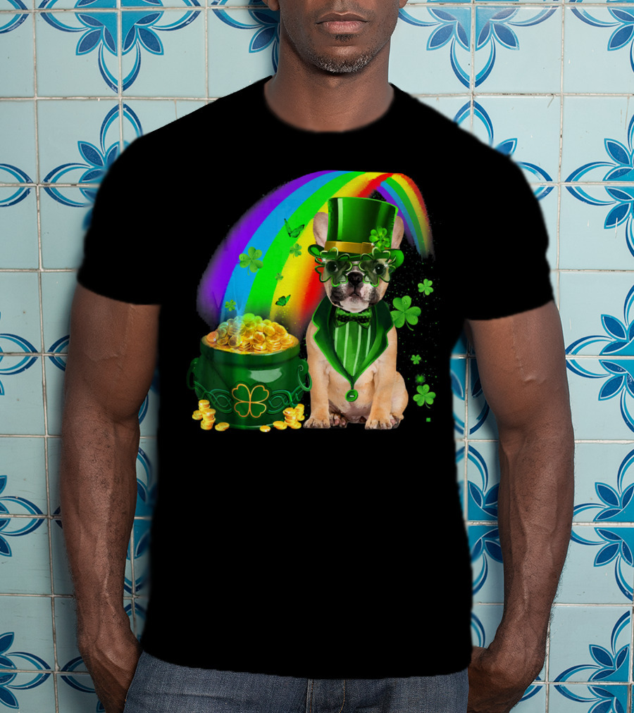 French Bulldog Irish Leprechaun With Pot Of Gold And Shamrocks T-Shirt