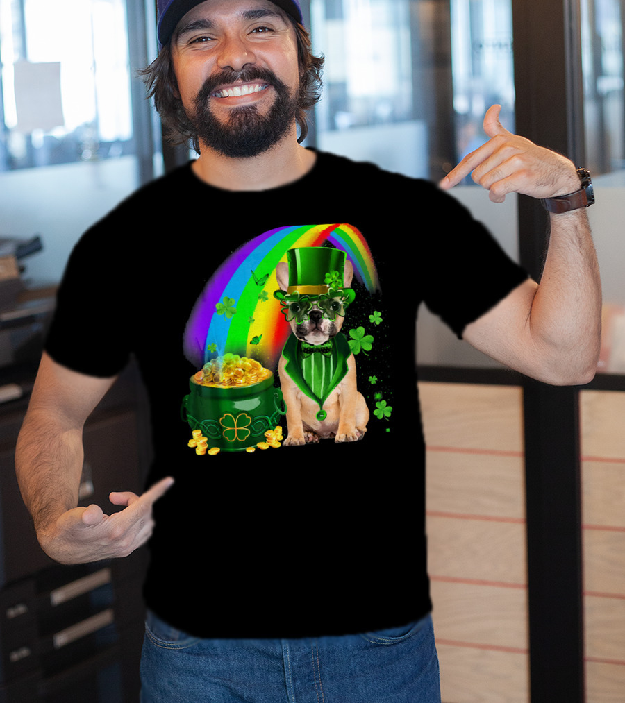 French Bulldog Irish Leprechaun With Pot Of Gold And Shamrocks T-Shirt