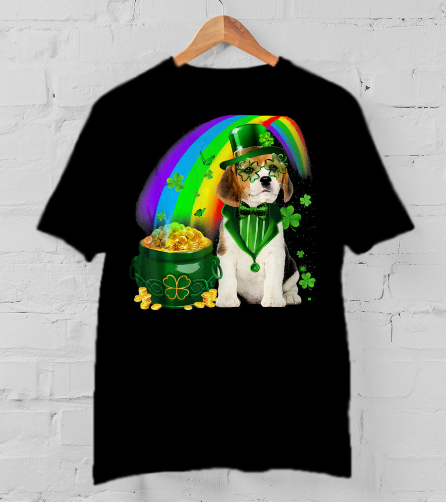 Beagle Dog Rainbow Leprechaun Hat Shamrock Coin Pot T-Shirt