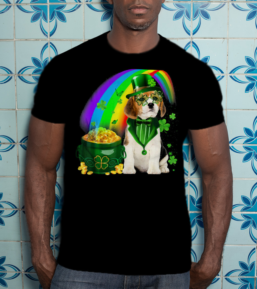 Beagle Dog Rainbow Leprechaun Hat Shamrock Coin Pot T-Shirt