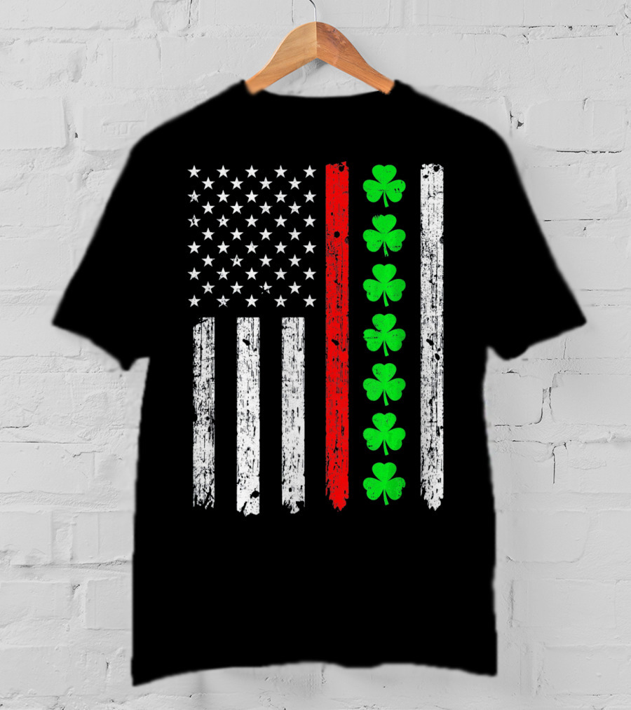 American Flag Thin Red Line Shamrock Irish St Patricks T-Shirt