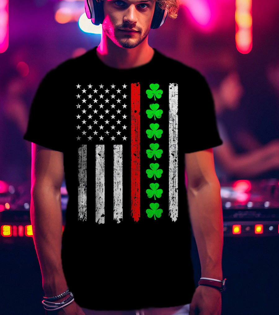 American Flag Thin Red Line Shamrock Irish St Patricks T-Shirt