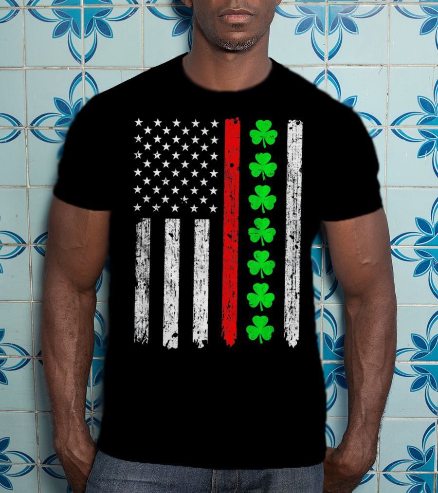 American Flag Thin Red Line Shamrock Irish St Patricks T-Shirt