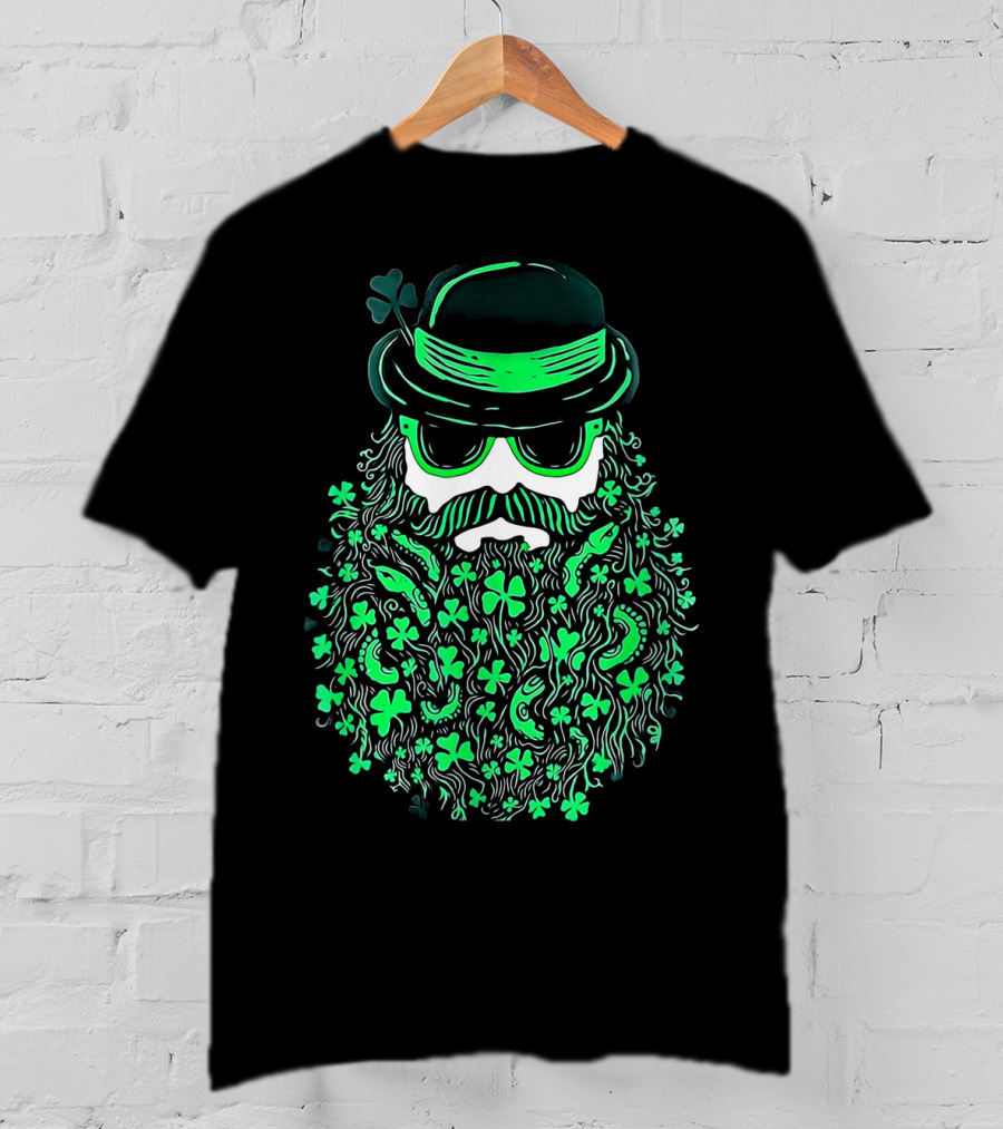 Shamrock Moustache Leprechaun St Patrick's Beard Hat Sunglasses T-Shirt
