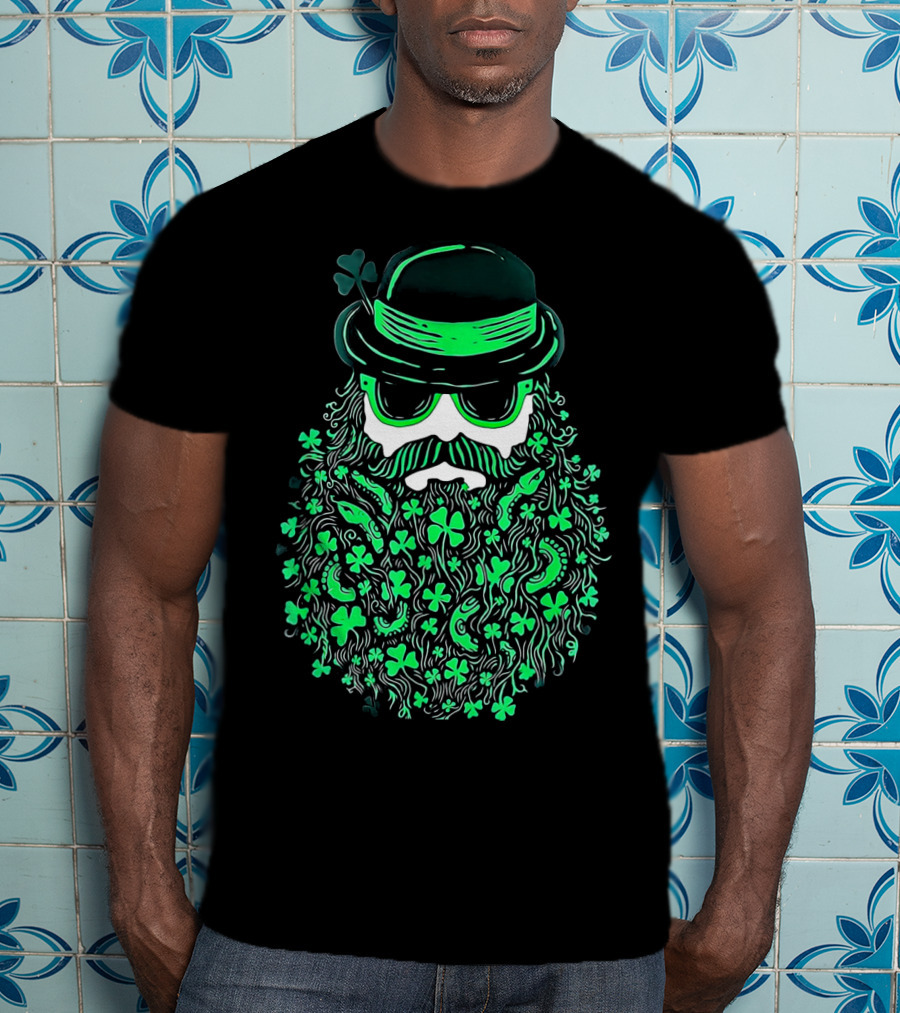 Shamrock Moustache Leprechaun St Patrick's Beard Hat Sunglasses T-Shirt