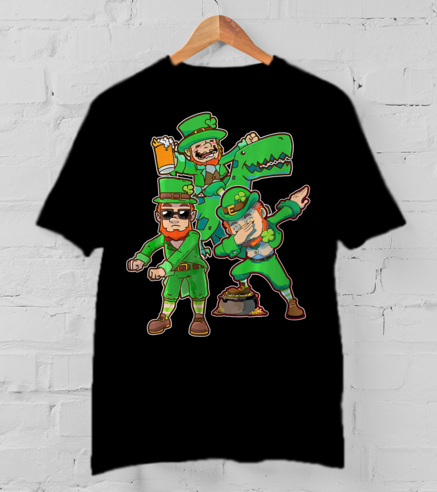 Dabbing Leprechaun Flossing Dinosaur Beer Pot Of Gold T-Shirt