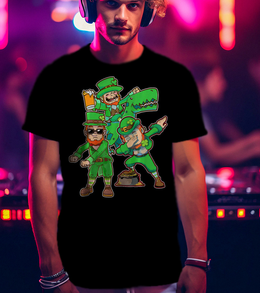 Dabbing Leprechaun Flossing Dinosaur Beer Pot Of Gold T-Shirt
