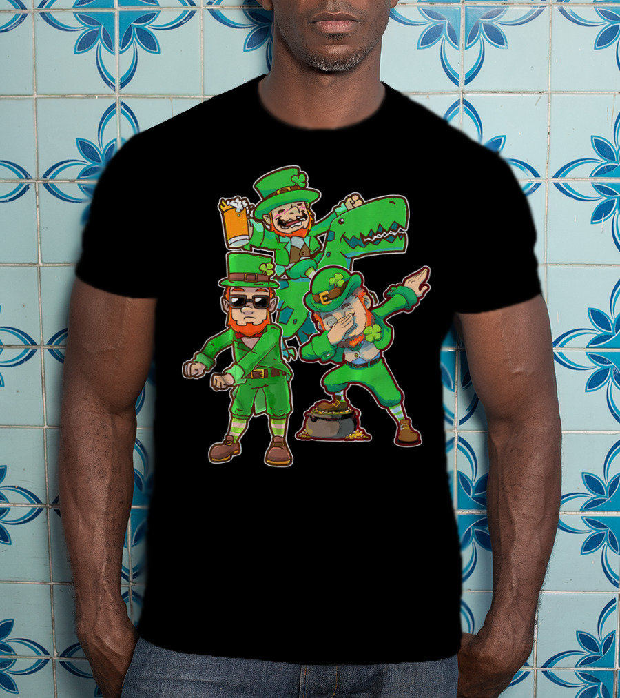 Dabbing Leprechaun Flossing Dinosaur Beer Pot Of Gold T-Shirt