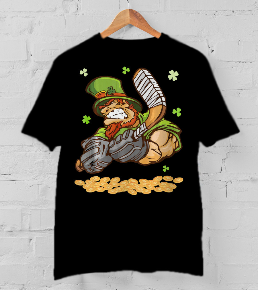 Leprechaun Swinging Hockey Stick Surrounded By Shamrocks And Gold Coins T-Shirt