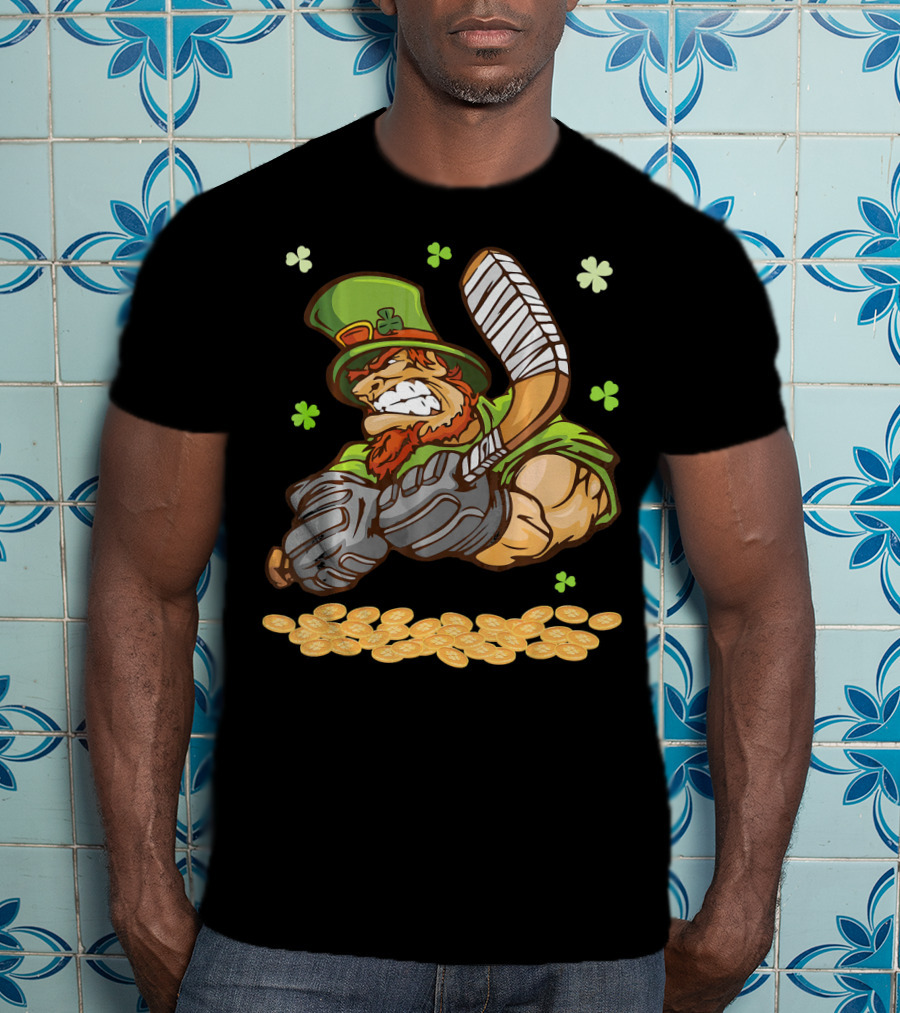 Leprechaun Swinging Hockey Stick Surrounded By Shamrocks And Gold Coins T-Shirt