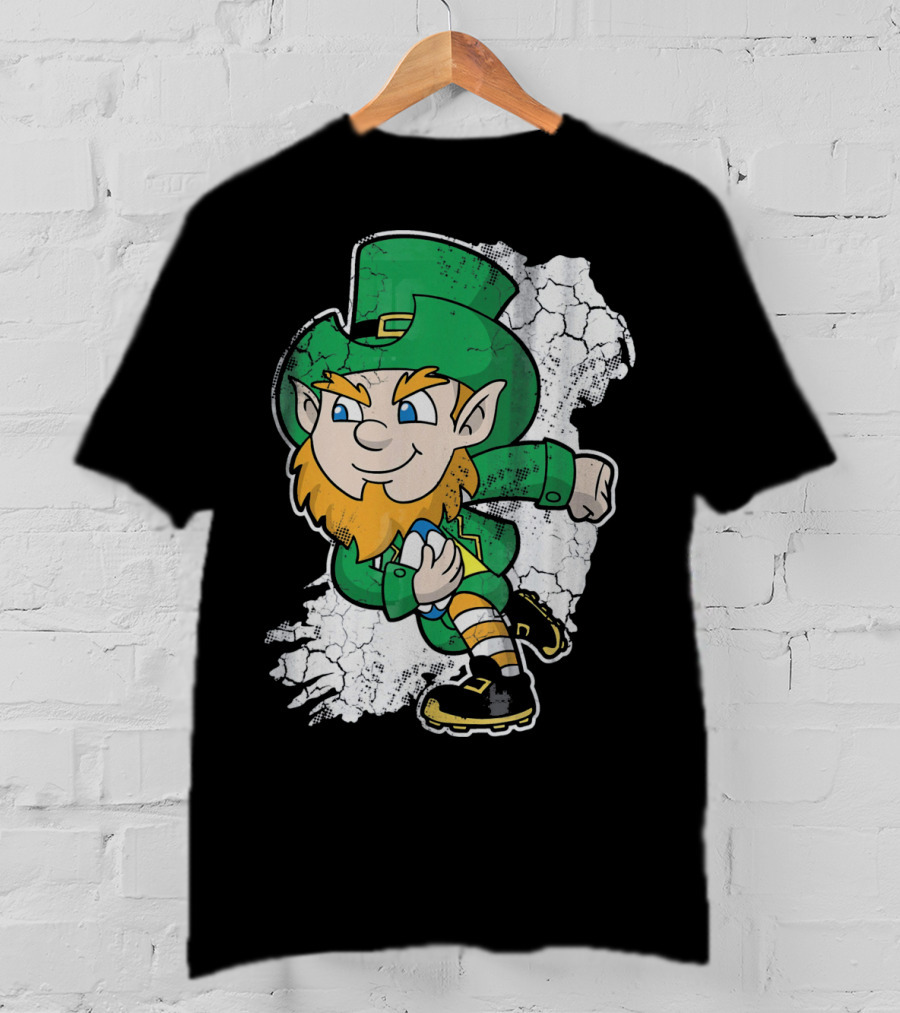Irish Rugby Leprechaun With Rugby Ball On Cracked Background T-Shirt