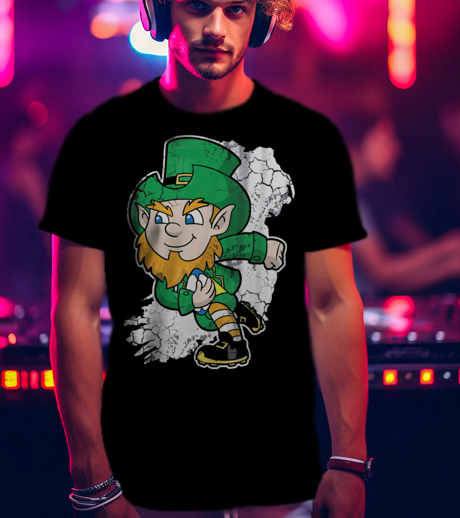 Irish Rugby Leprechaun With Rugby Ball On Cracked Background T-Shirt