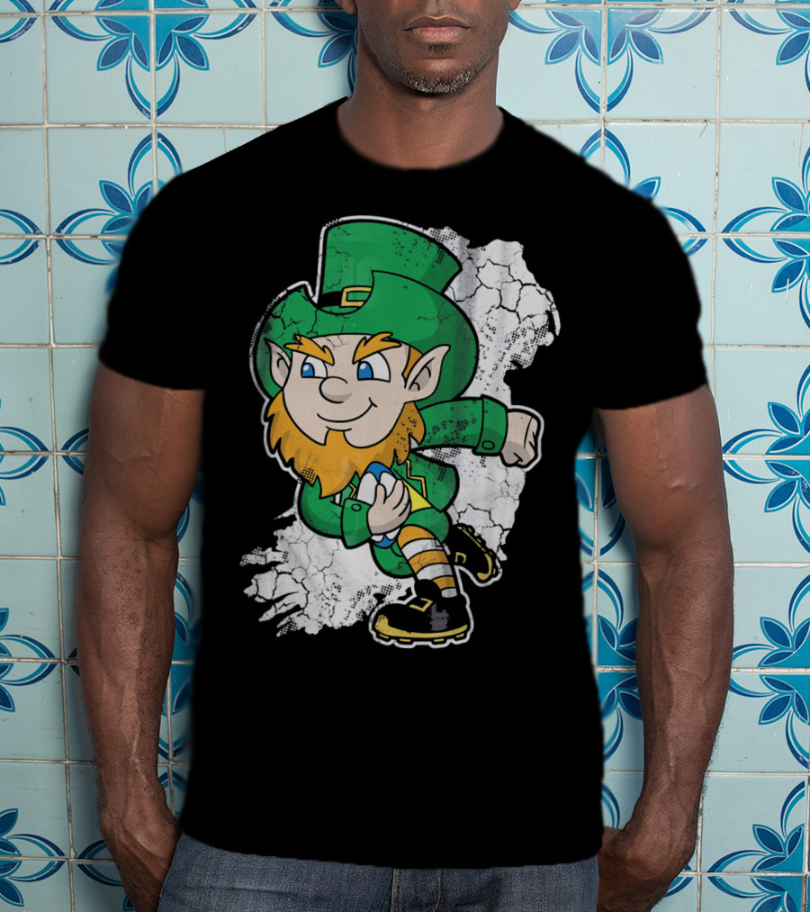 Irish Rugby Leprechaun With Rugby Ball On Cracked Background T-Shirt