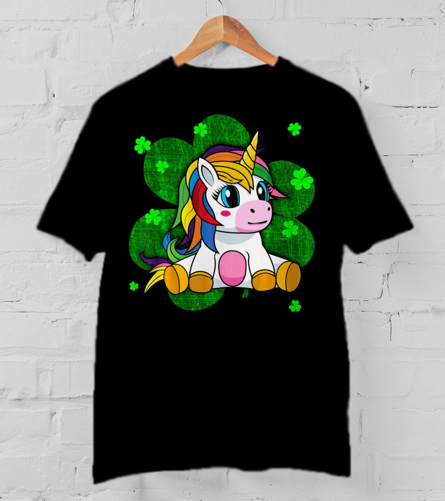 Cute Kids Unicorn Girls St Patrick Clover Rainbow T-Shirt