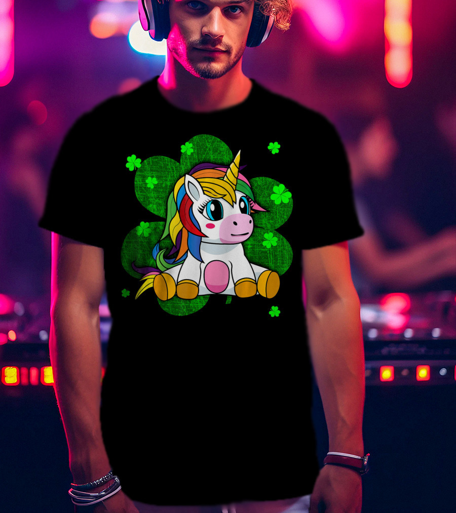 Cute Kids Unicorn Girls St Patrick Clover Rainbow T-Shirt