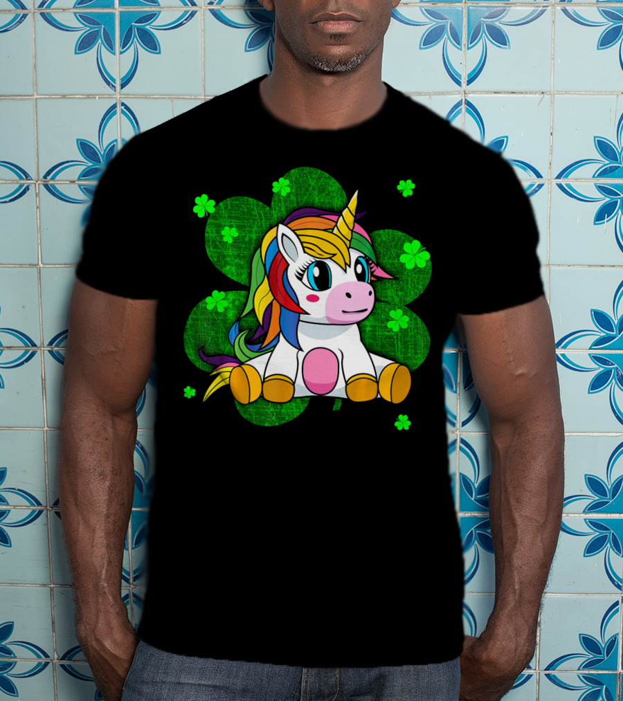 Cute Kids Unicorn Girls St Patrick Clover Rainbow T-Shirt