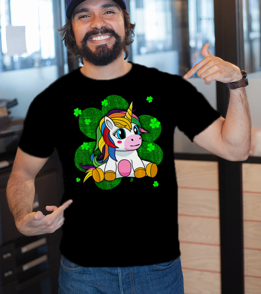 Cute Kids Unicorn Girls St Patrick Clover Rainbow T-Shirt