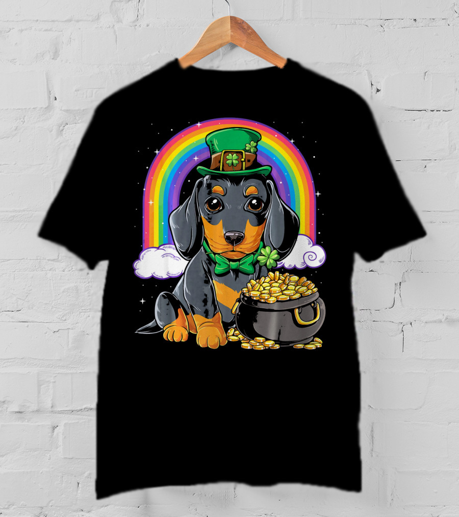 Dachshund Leprechaun Hat Rainbow Pot Of Gold T-Shirt