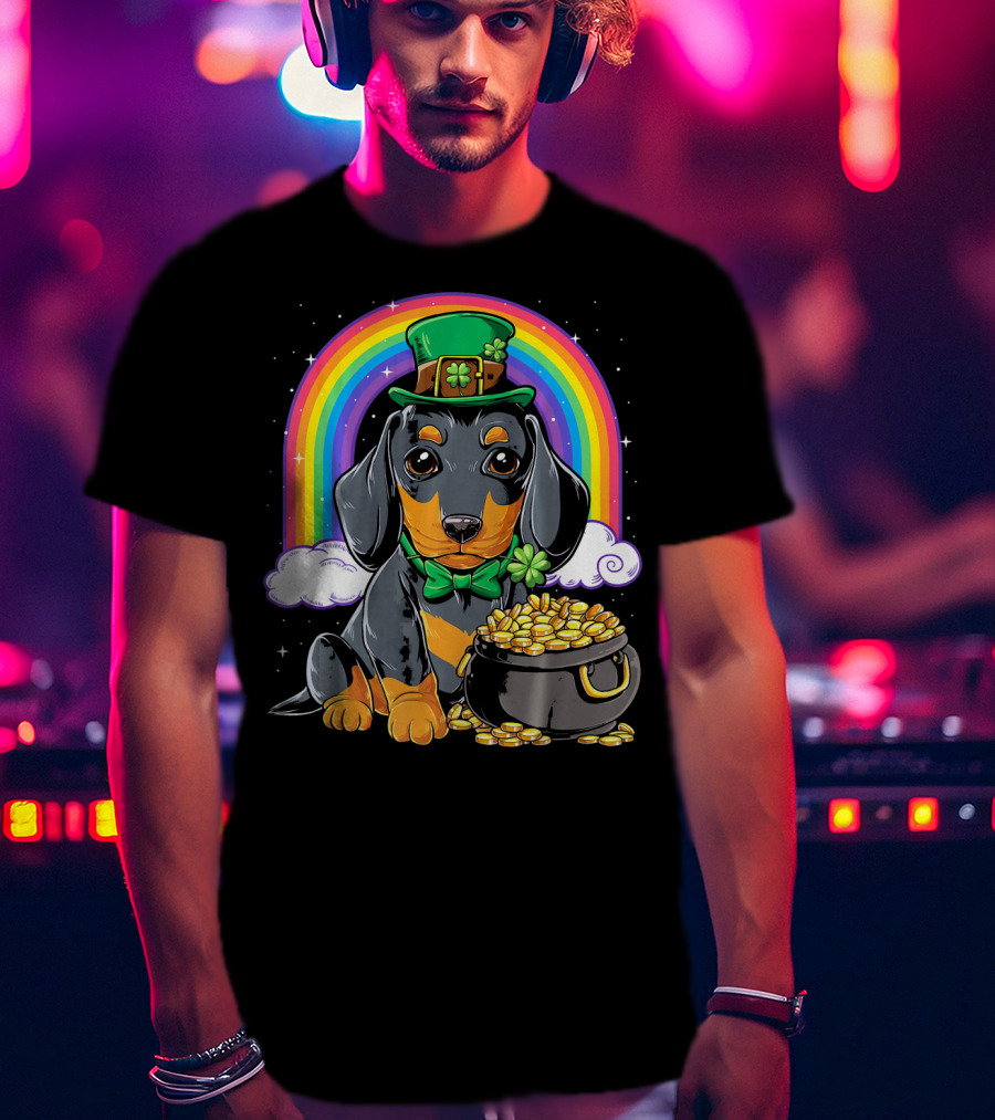Dachshund Leprechaun Hat Rainbow Pot Of Gold T-Shirt