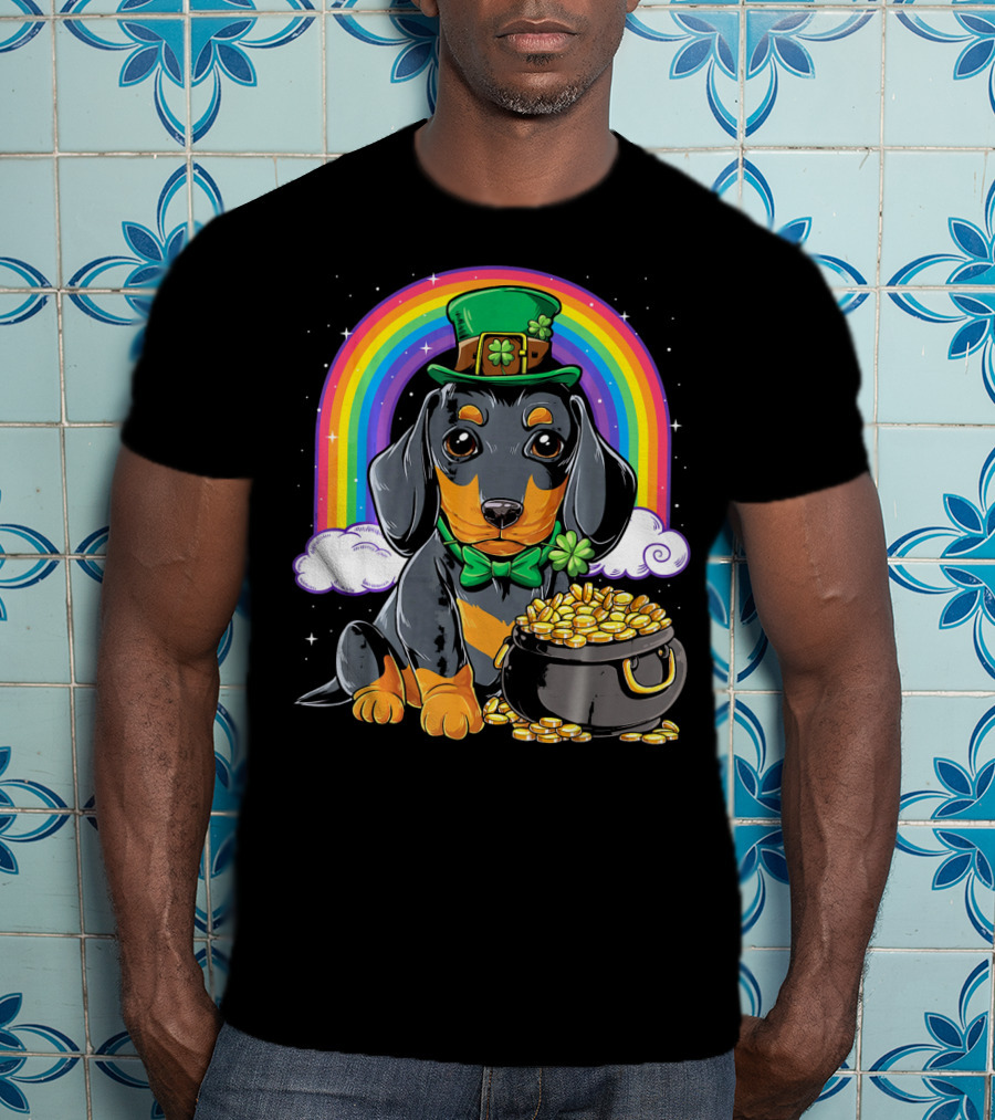 Dachshund Leprechaun Hat Rainbow Pot Of Gold T-Shirt