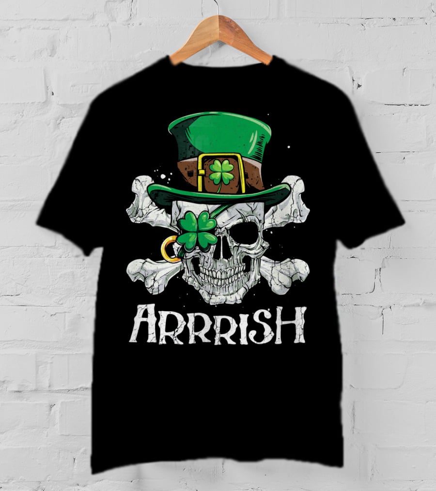 Arrrish Leprechaun Pirate Skull With Green Hat And Clover Eyepatch T-Shirt