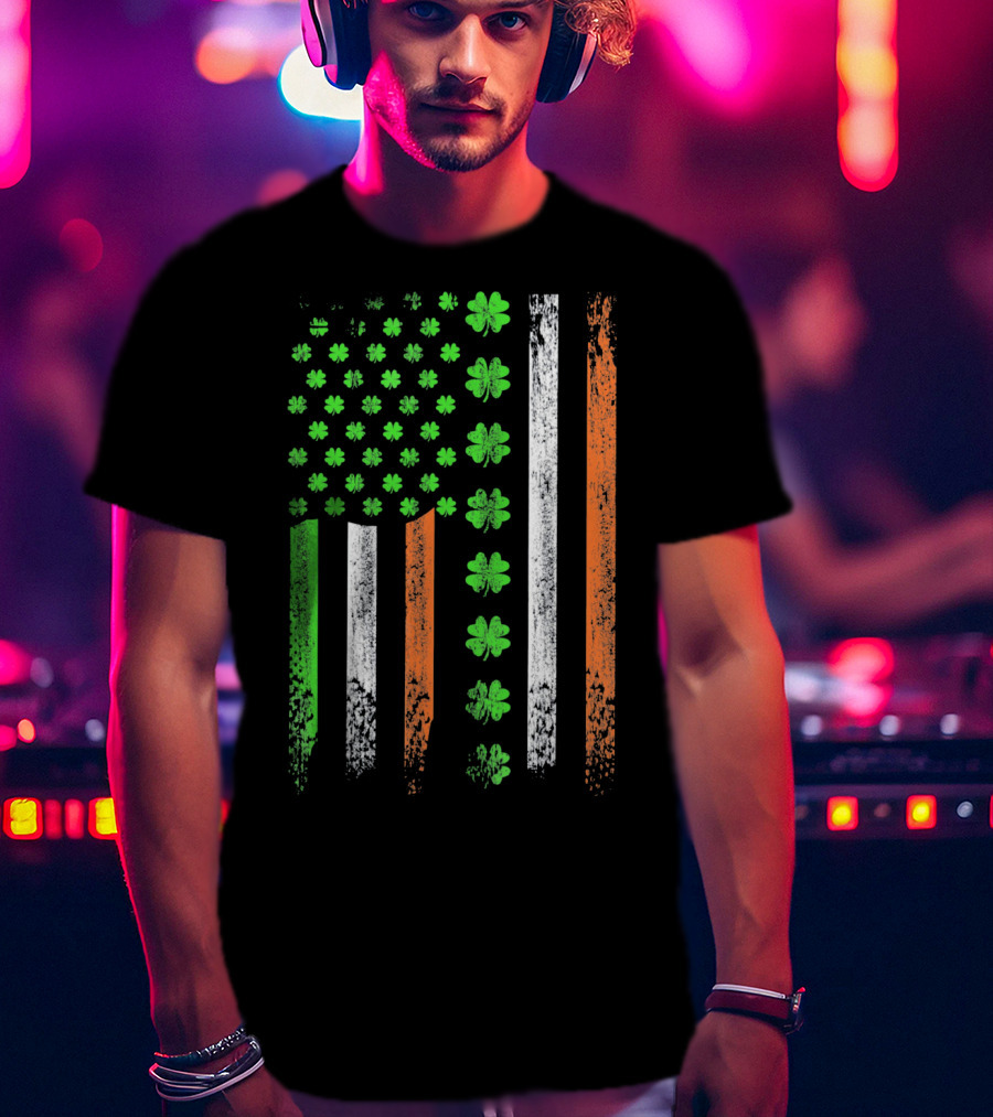 St Patricks Day US Flag With Shamrocks And Irish Colors T-Shirt