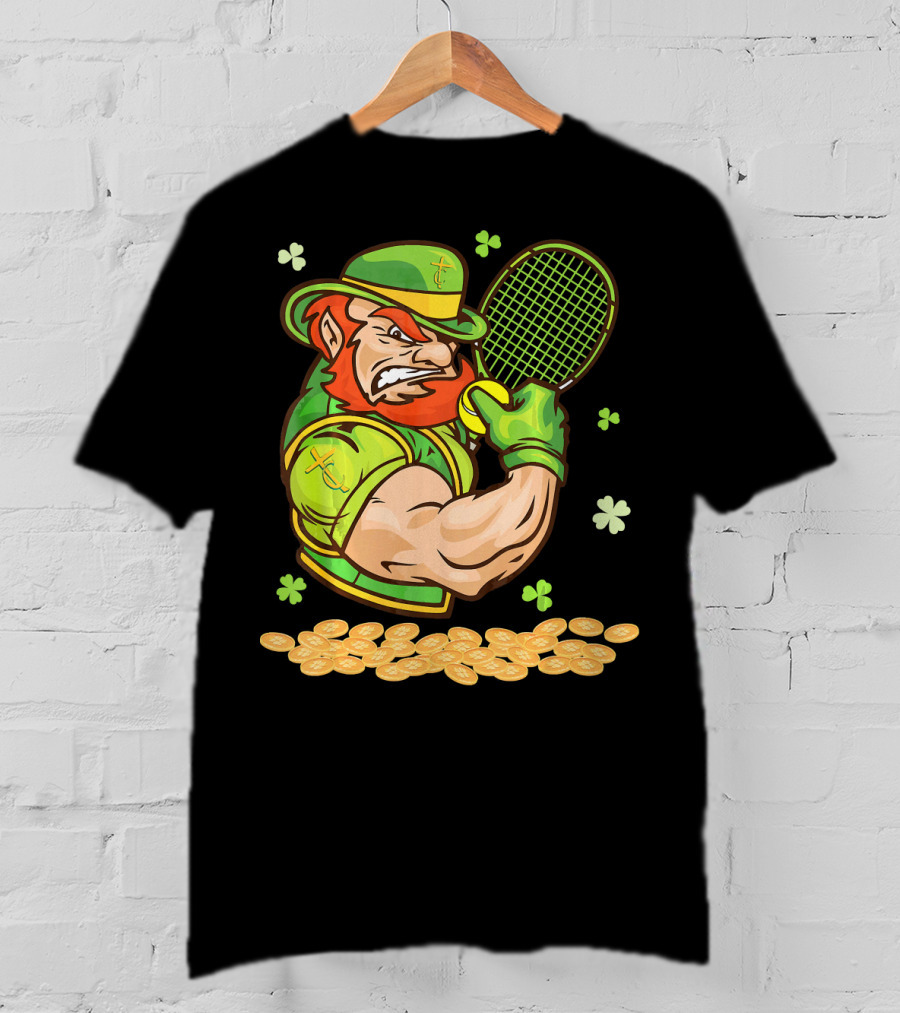 Leprechaun Playing Tennis With Shamrocks And Gold Coins T-Shirt