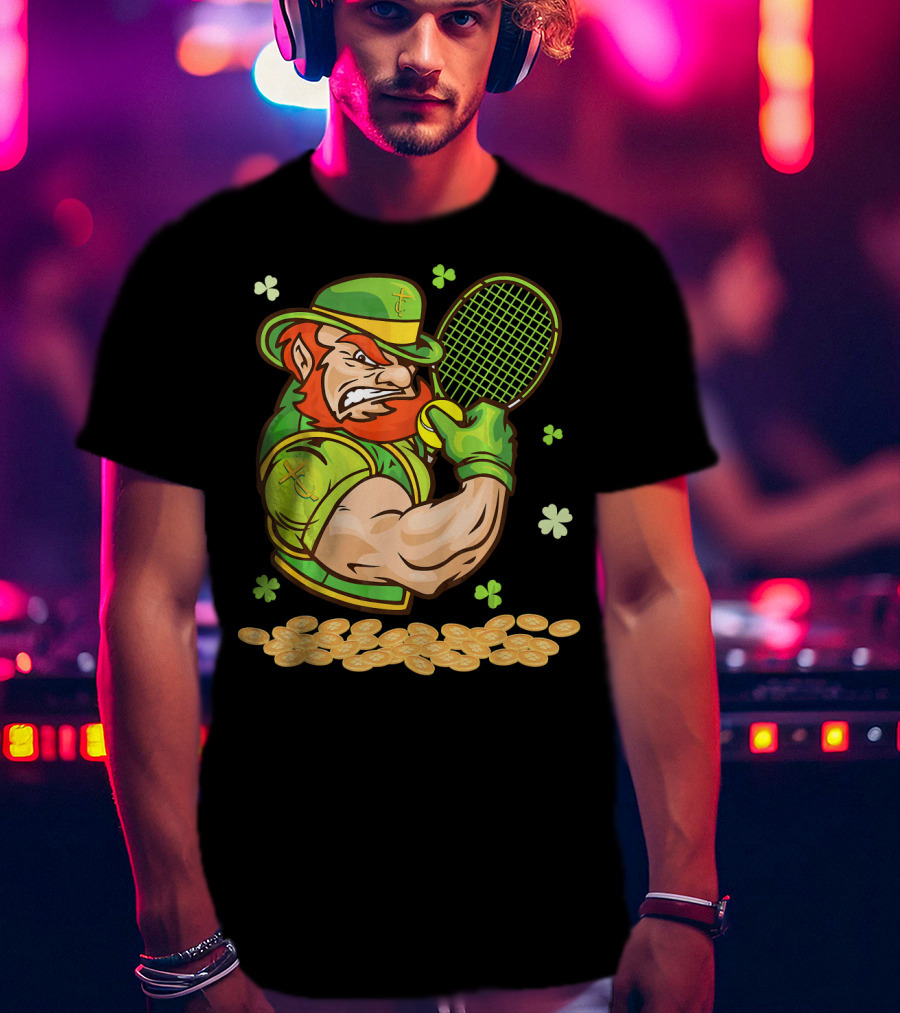 Leprechaun Playing Tennis With Shamrocks And Gold Coins T-Shirt