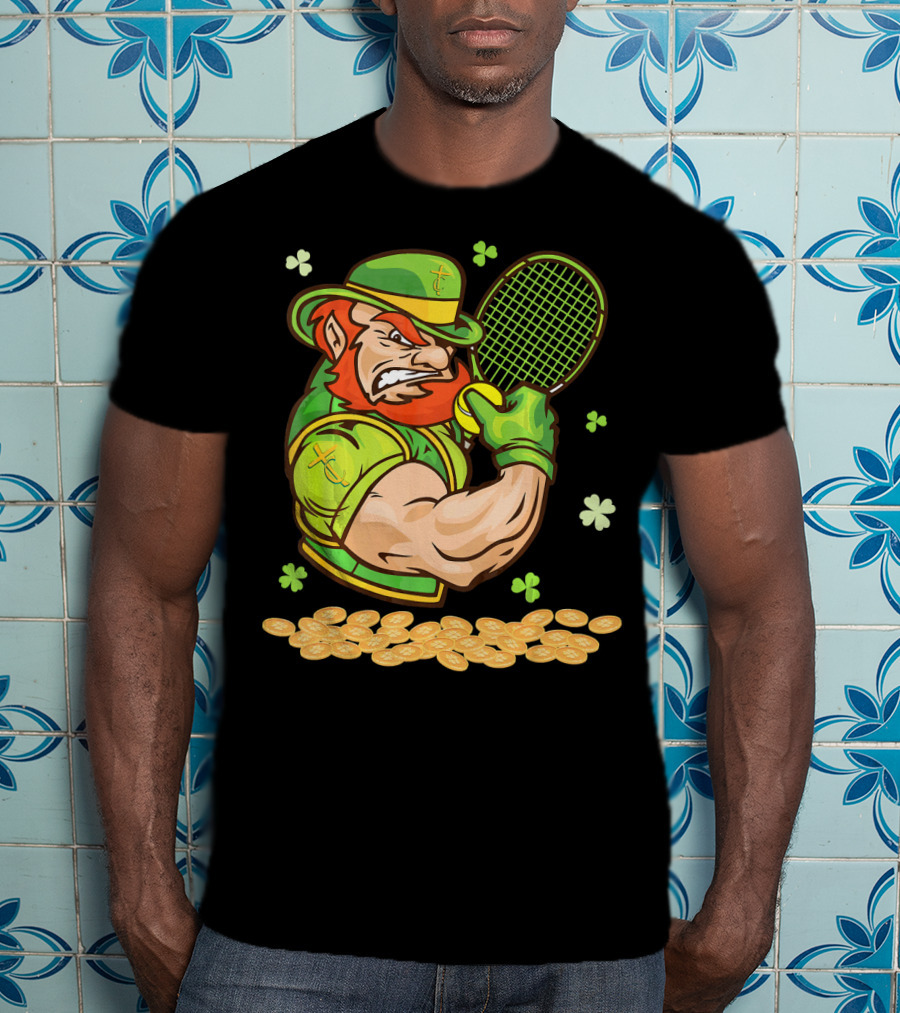 Leprechaun Playing Tennis With Shamrocks And Gold Coins T-Shirt