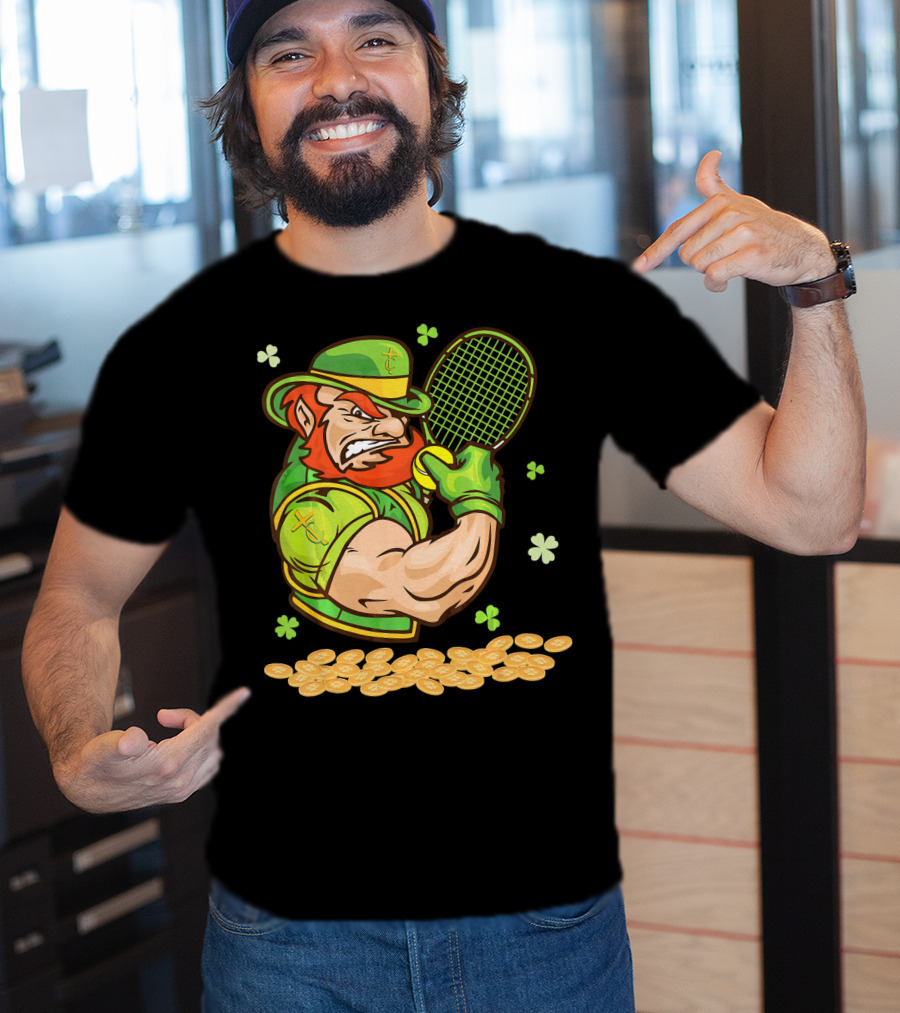 Leprechaun Playing Tennis With Shamrocks And Gold Coins T-Shirt