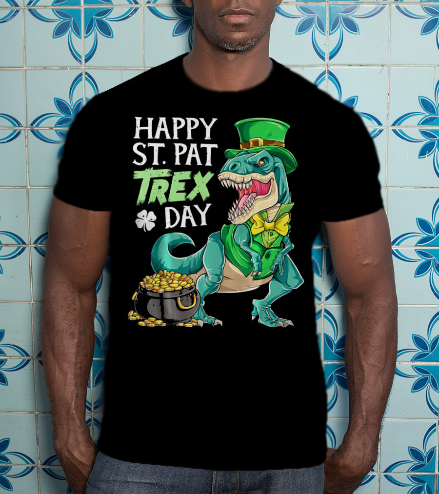 Happy St Pat Trex Day Leprechaun Dinosaur With Pot Of Gold And Clover T-Shirt