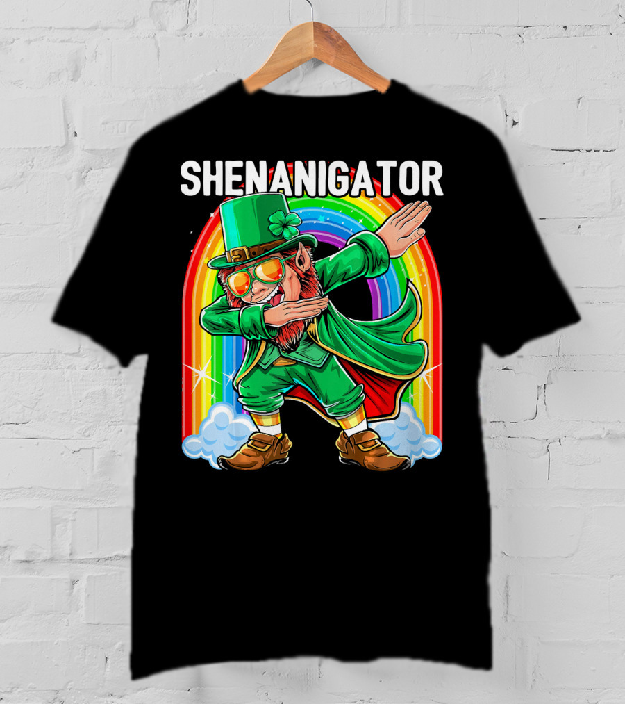 SHENANIGATOR Dabbing Leprechaun Rainbow T-Shirt