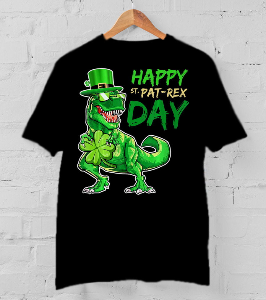 Happy St Pat Rex Day Saint Patricks Day Dinosaur With Shamrock And Green Hat T-Shirt