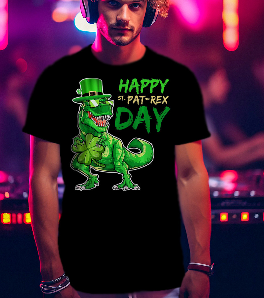 Happy St Pat Rex Day Saint Patricks Day Dinosaur With Shamrock And Green Hat T-Shirt