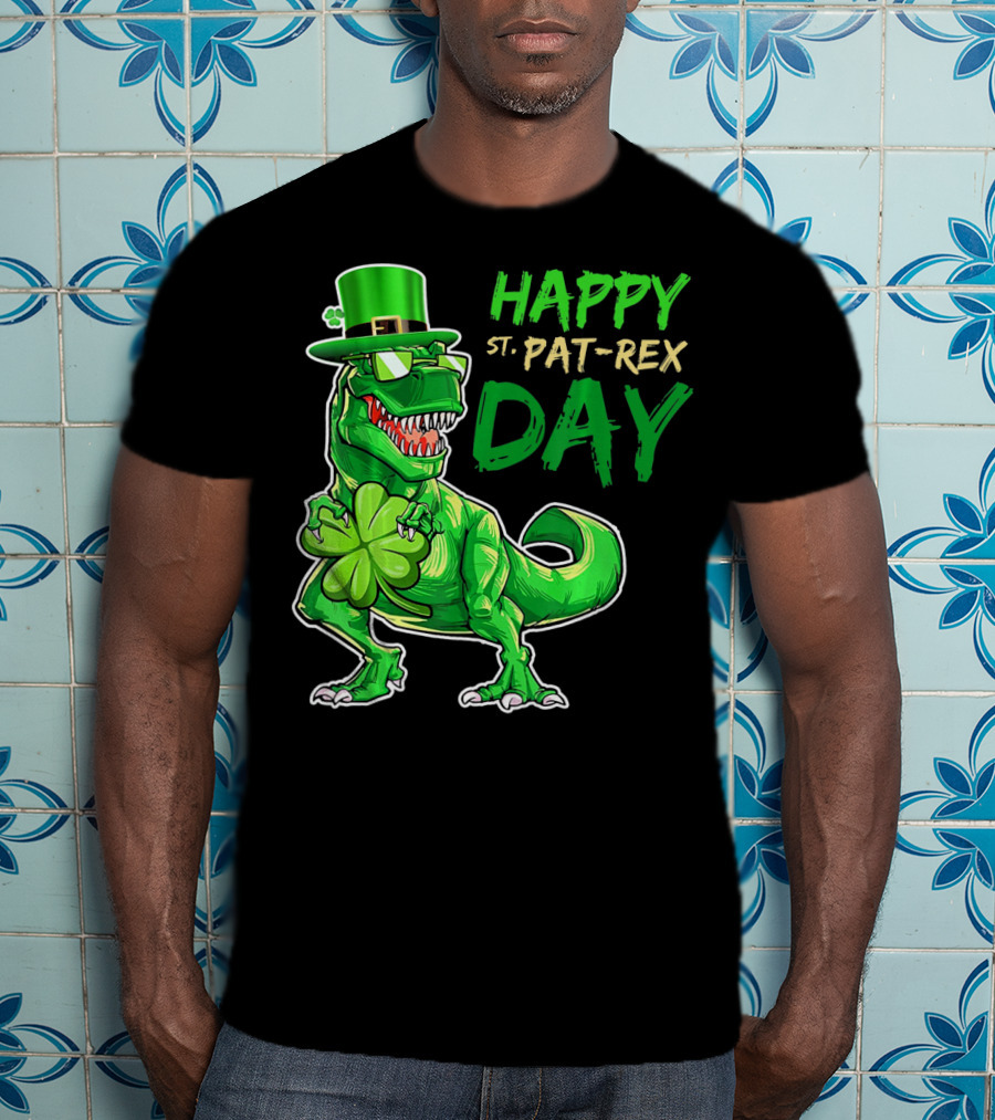 Happy St Pat Rex Day Saint Patricks Day Dinosaur With Shamrock And Green Hat T-Shirt