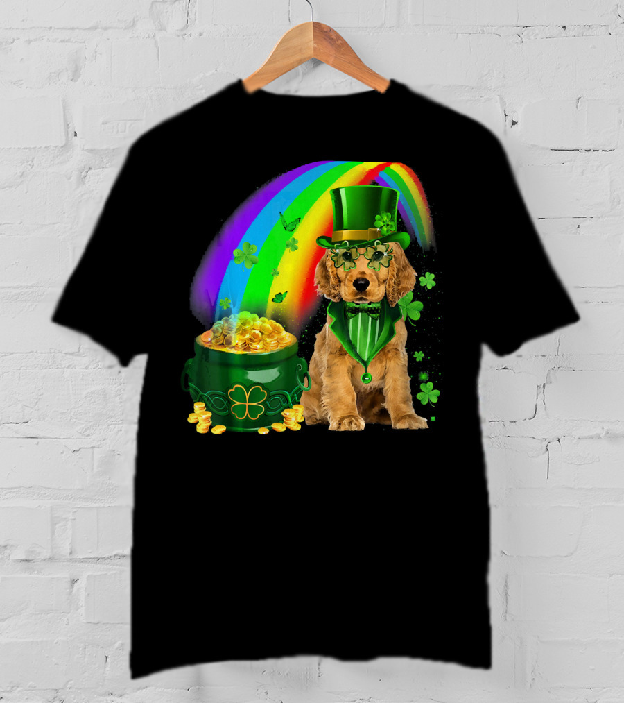 Cocker Spaniel Dog Wearing Irish Leprechaun Hat With Gold Coins And Rainbow T-Shirt