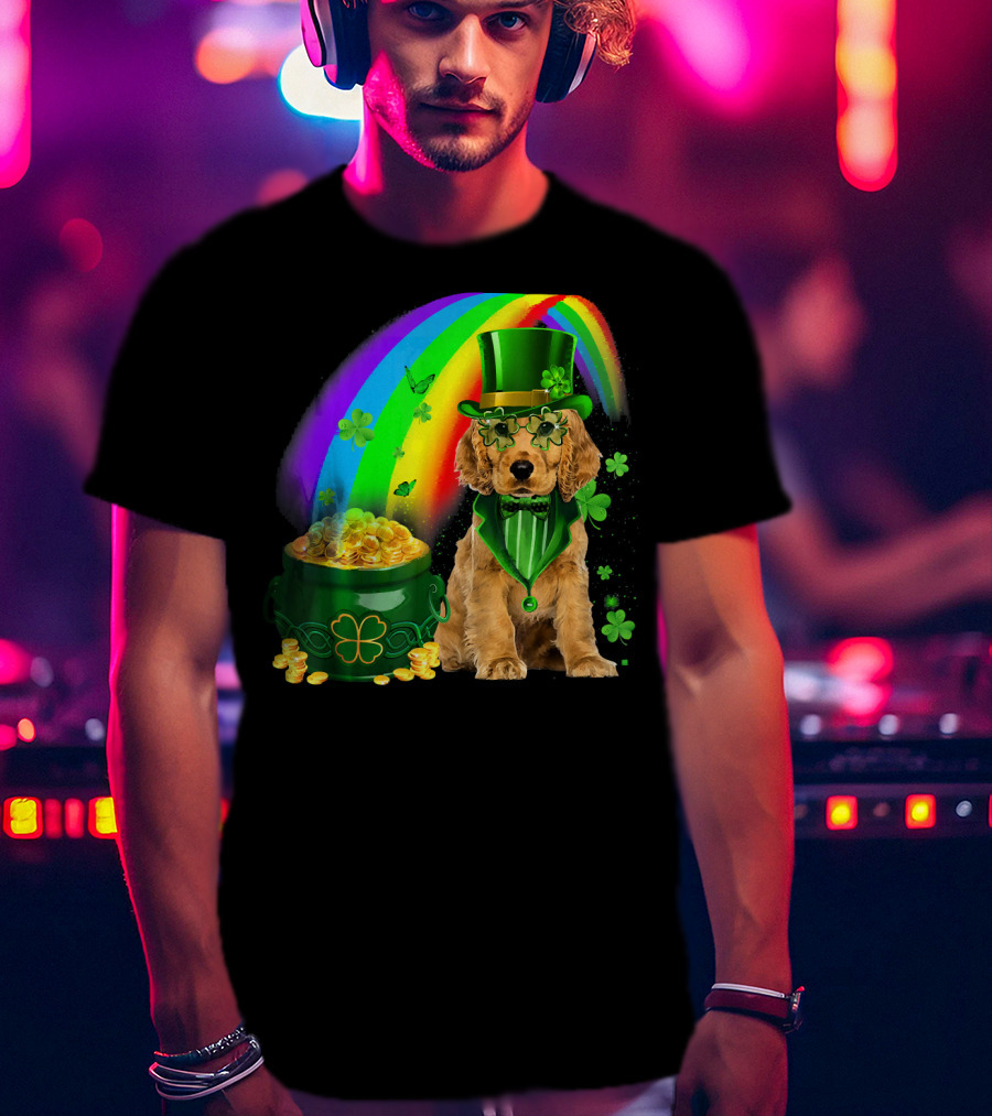 Cocker Spaniel Dog Wearing Irish Leprechaun Hat With Gold Coins And Rainbow T-Shirt