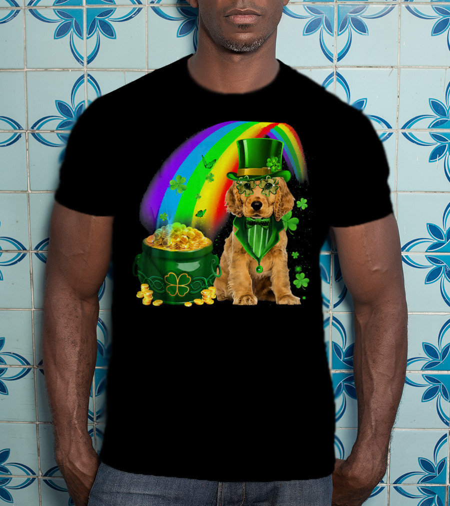 Cocker Spaniel Dog Wearing Irish Leprechaun Hat With Gold Coins And Rainbow T-Shirt