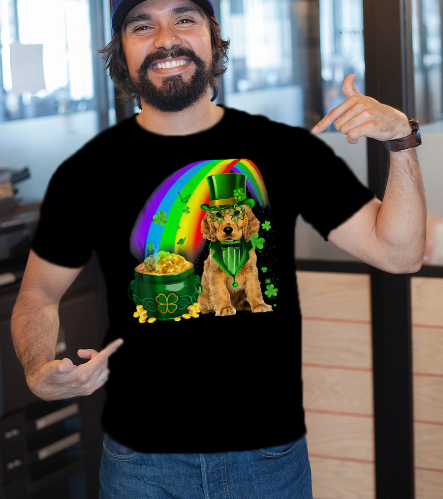Cocker Spaniel Dog Wearing Irish Leprechaun Hat With Gold Coins And Rainbow T-Shirt