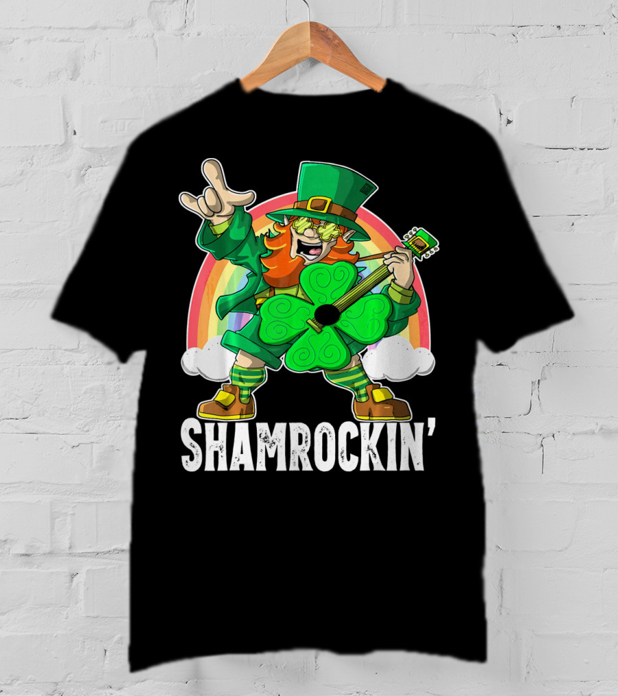 Shamrockin' Leprechaun Rainbow Guitar T-Shirt