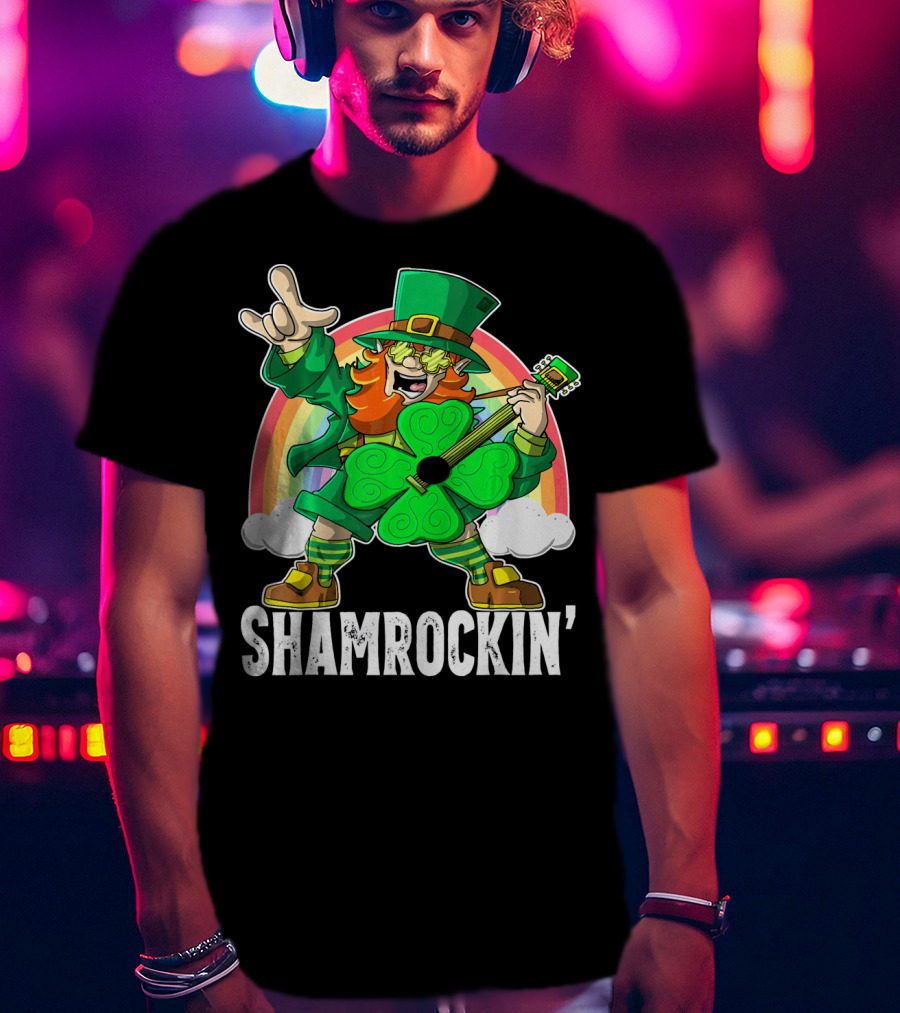 Shamrockin' Leprechaun Rainbow Guitar T-Shirt