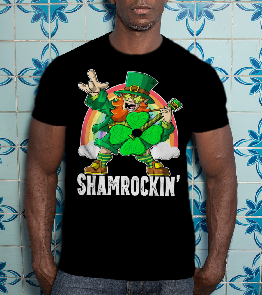 Shamrockin' Leprechaun Rainbow Guitar T-Shirt