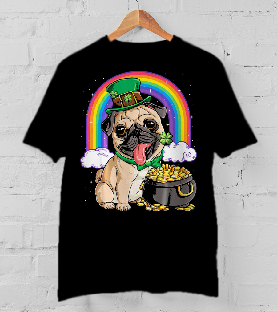 Pug St Patricks Day Boys Men Lep Leprechaun Hat Rainbow Pot Of Gold T-Shirt