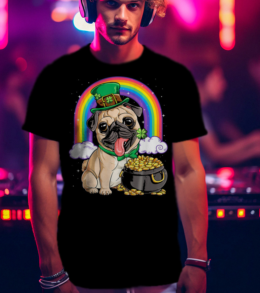 Pug St Patricks Day Boys Men Lep Leprechaun Hat Rainbow Pot Of Gold T-Shirt