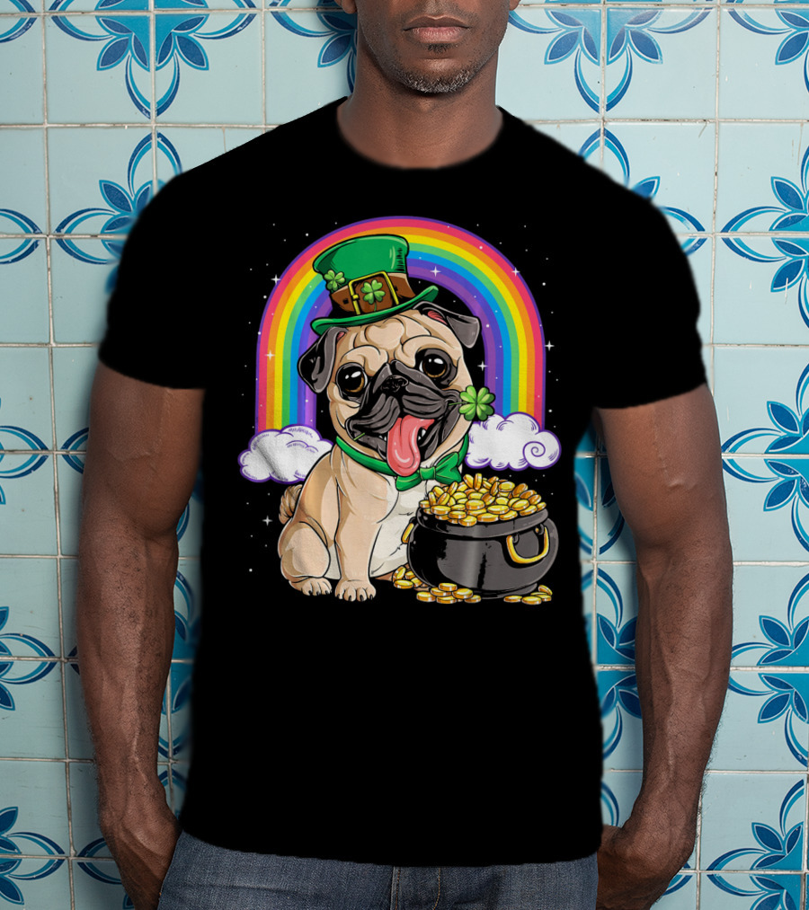 Pug St Patricks Day Boys Men Lep Leprechaun Hat Rainbow Pot Of Gold T-Shirt