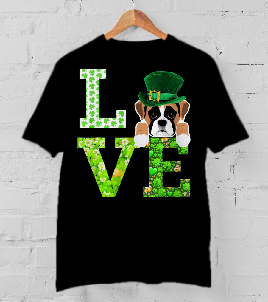 Leprechaun Hat Boxer Puppy Clover Love St. Patrick's Day T-Shirt