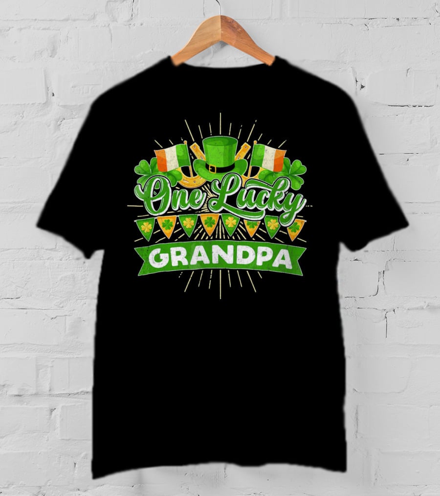 St Patricks Day One Lucky Grandpa Irish Flags Shamrocks And Leprechaun Hat T-Shirt