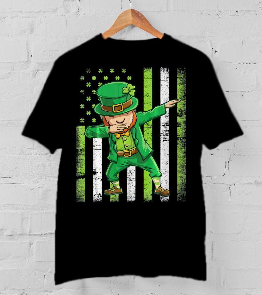 Leprechaun Dabbing With Shamrock Irish Flag Stripes T-Shirt